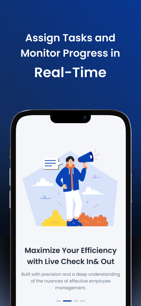 Smartphone screen showing Attnd app feature for assigning tasks and monitoring progress in real-time with live check-in and out.