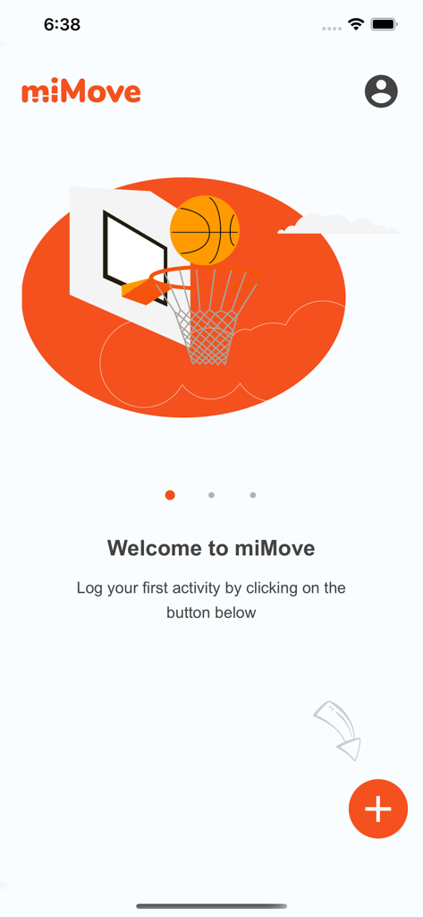 miMove - Startbildschirm der miMove-App mit Basketball-Illustration und Aufforderung zur ersten Aktivitätsprotokollierung