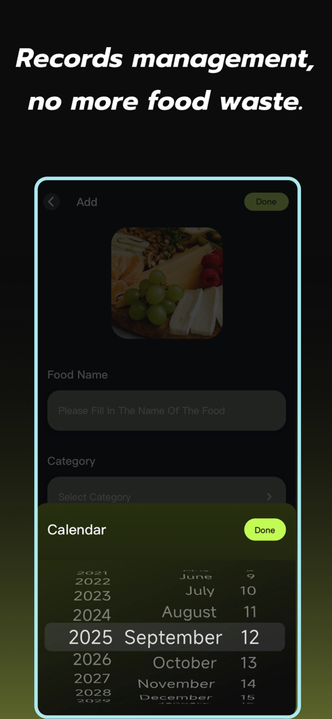 VidBite app interface for adding a food record with a date picker to track freshness and prevent waste