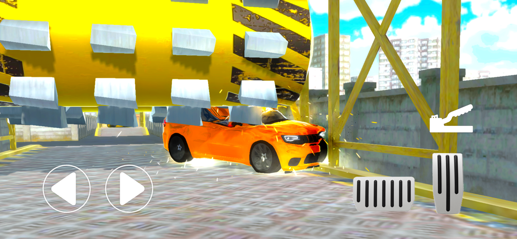 Car Crash - Stunt Parkour - An orange luxury car being crushed by a giant spiked roller in Crash Mode