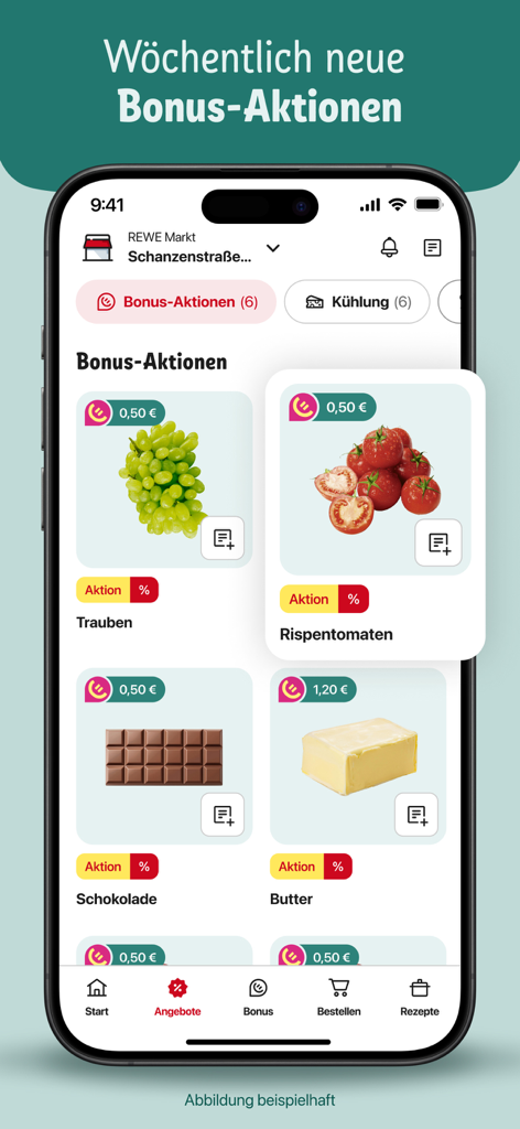 REWE app screen displaying weekly grocery bonus offers and digital coupons for various food items