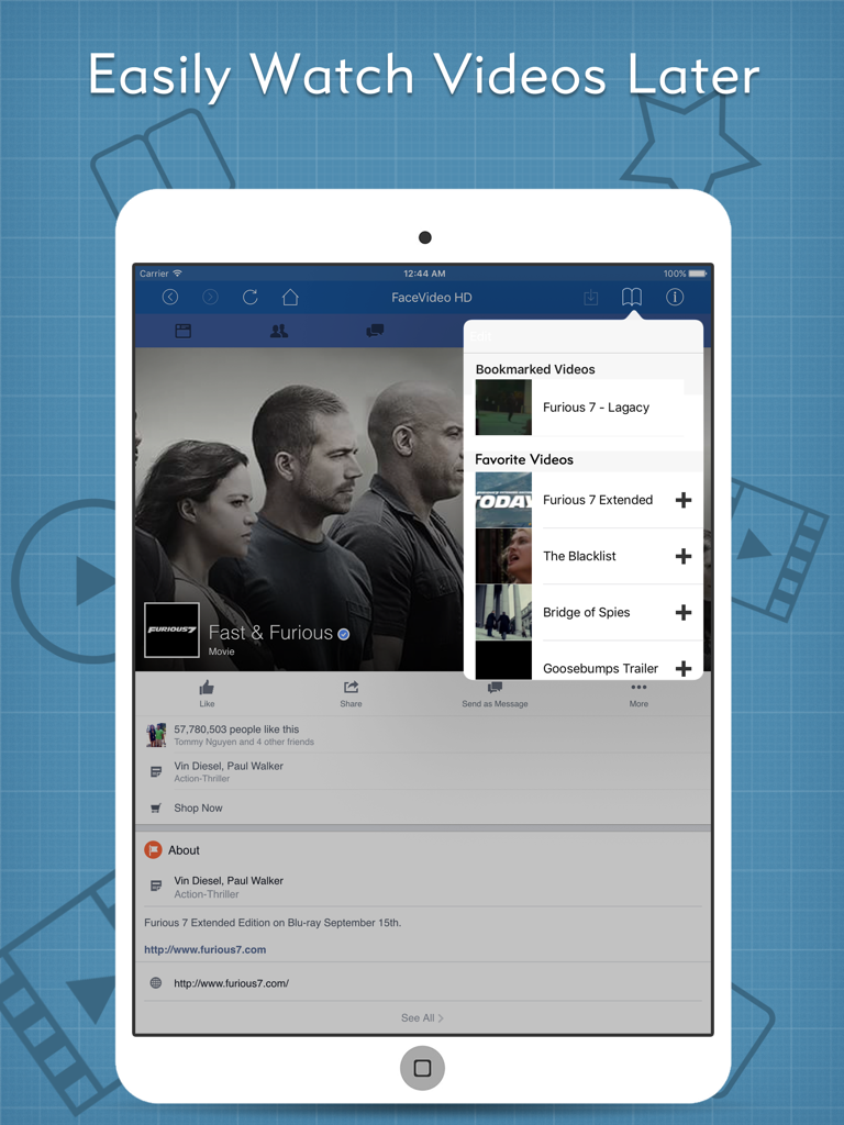 Video Browser, Player, Streamer and Bookmarker ~ BVideo HD - iPad app interface showing bookmarked and favorite videos from Facebook