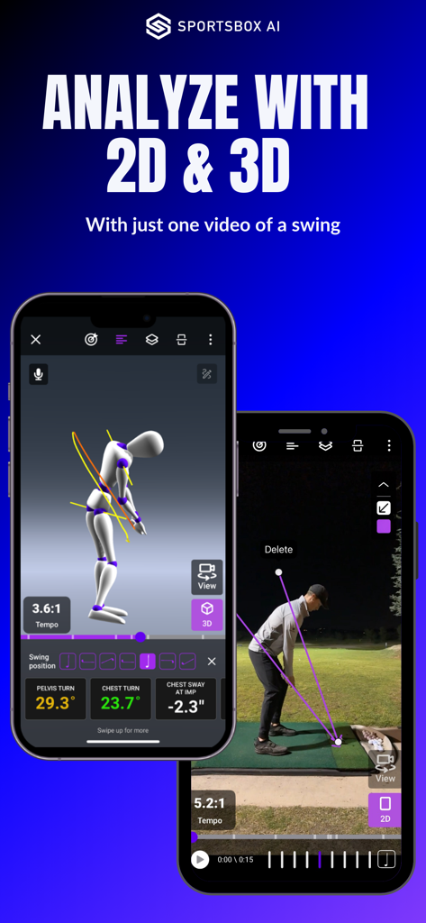 Sportsbox 3D Golf - 2D and 3D golf swing analysis on a mobile phone showing motion tracking and data metrics