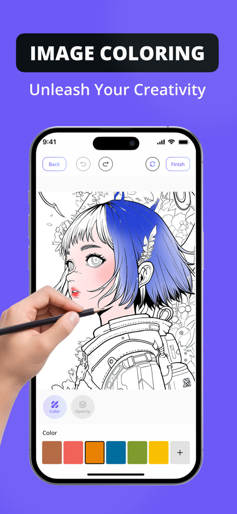 Smartphone screen showing the Sketchify app coloring interface with a partially colored anime character drawing