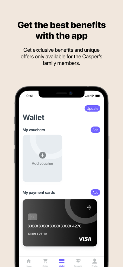 Interface of the Casper's app wallet showing sections for vouchers and payment cards to access exclusive member benefits.