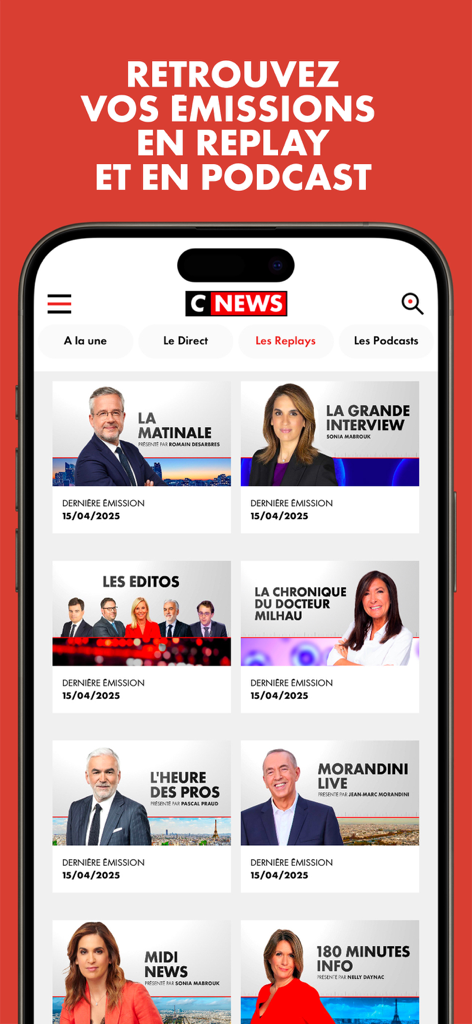CNEWSアプリの見逃し配信セクション。さまざまなフランスのニュース番組やポッドキャストを表示。