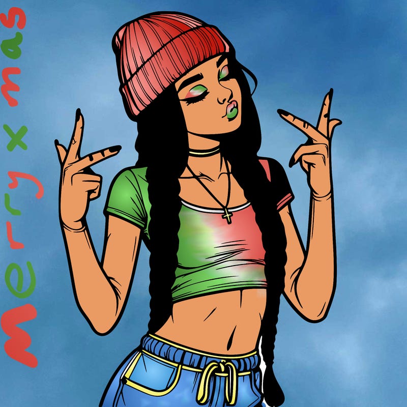 realistic teenage girl with braids and a beanie and crop top doing 🫶🏼