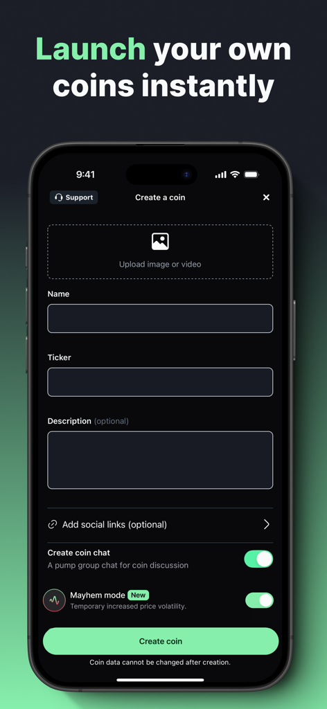 A mobile interface for the pump.fun app showing the form to create and launch a new meme coin instantly.
