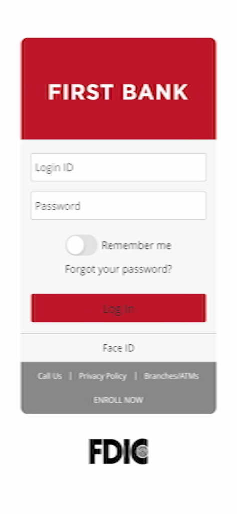 Anmeldebildschirm der First Bank Digital Banking Mobile App mit sicheren Anmeldefeldern und Face ID-Option.