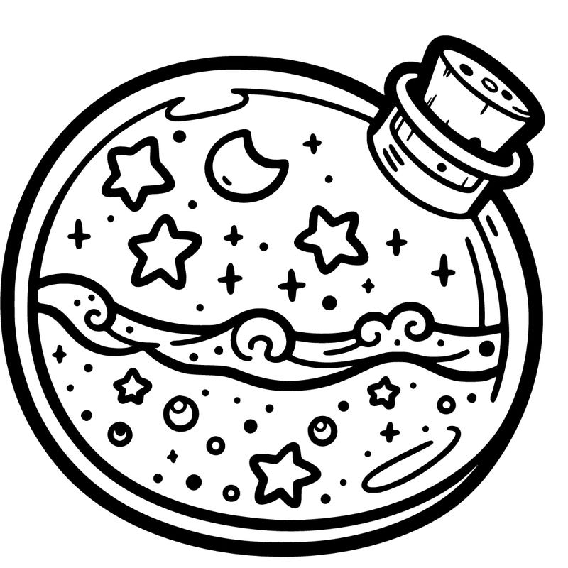 a cute spacious potion bottle filled with stars and the ocean
