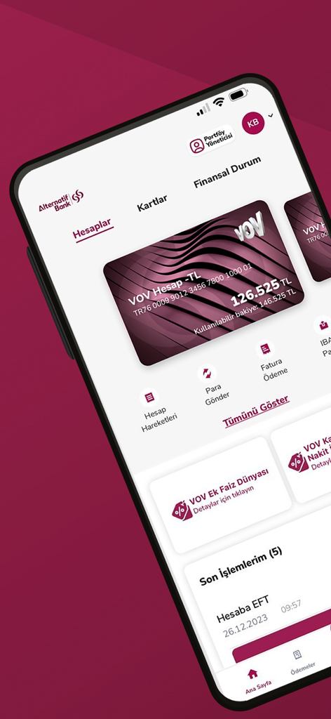 Alternatif Bank Mobile - Alternatif Bank mobile app dashboard showing VOV account balance and financial status.