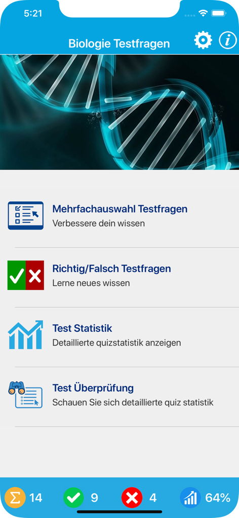 Das Biologie Quiz - Hauptmenü der Das Biologie Quiz App mit Optionen für Multiple-Choice- und Wahr/Falsch-Tests sowie Leistungsstatistiken.
