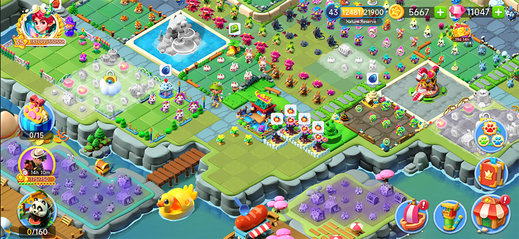 Merge Fairy Tales - Merge Game - Isometric view of a colorful island in Merge Fairy Tales showing various items to merge and game interface elements