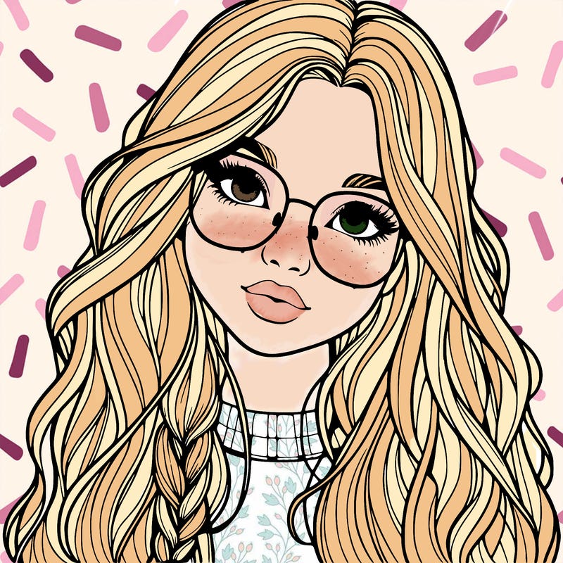 girl with long hair and freckles and glasses realistic