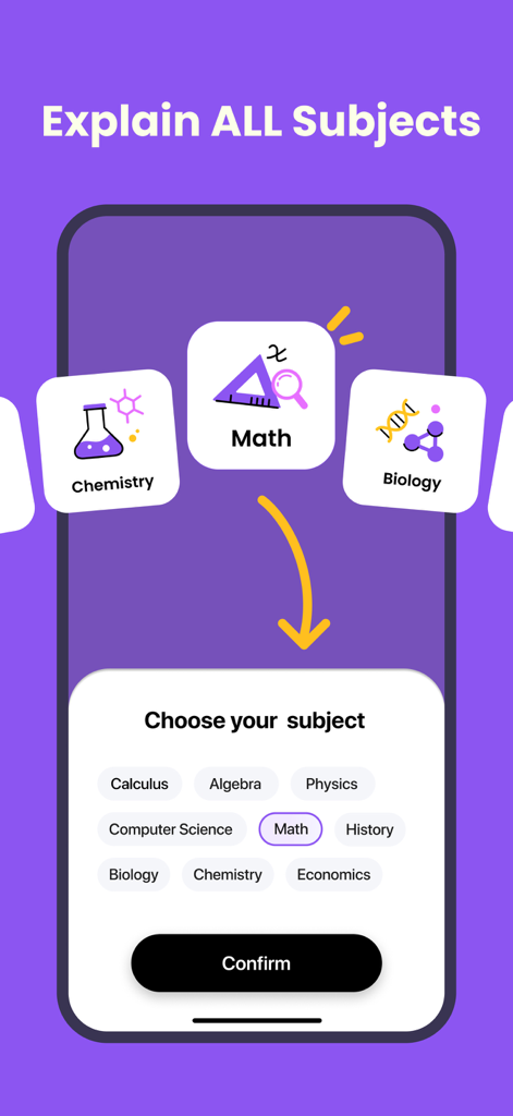 Sovi.AI - AI Math Tutor - Sovi.AI app interface showing a menu to choose academic subjects like Math, Chemistry, and Biology for AI explanations.