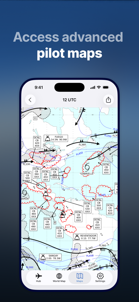 Turbulence Forecast - Teléfono inteligente que muestra un mapa avanzado para pilotos de aviación con datos de turbulencia y tormentas
