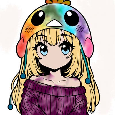 anime girl with chick shaped hat with sweater with bare shoulders with bangs covering them one eye with low tail