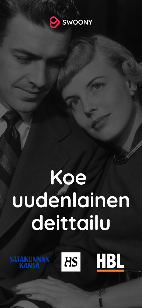 Swoony Matchmaking - Swoony matchmaking app welcome screen featuring a classic romantic couple and Finnish media logos