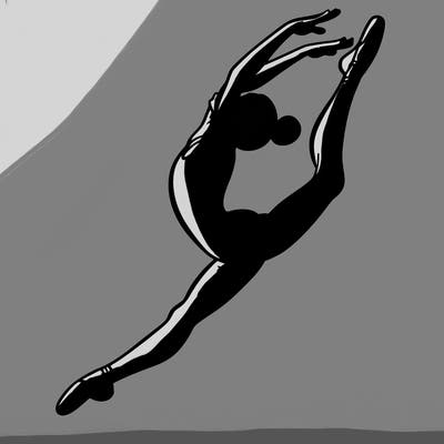 gymnast doing a leap in a leotard with a bent back leg