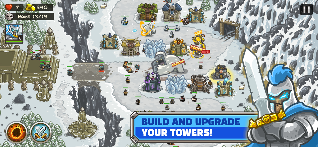 Gameplay de Kingdom Rush Tower Defense apresentando atualizações de torre e uma batalha de chefe em um nível nevado.