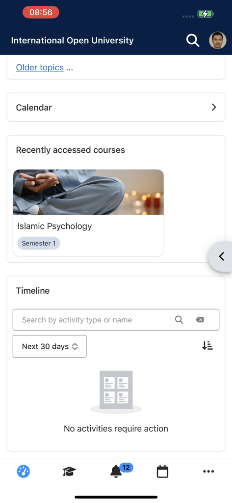 Panel de control de la aplicación móvil de la Universidad Abierta Internacional que muestra un curso de Psicología Islámica.