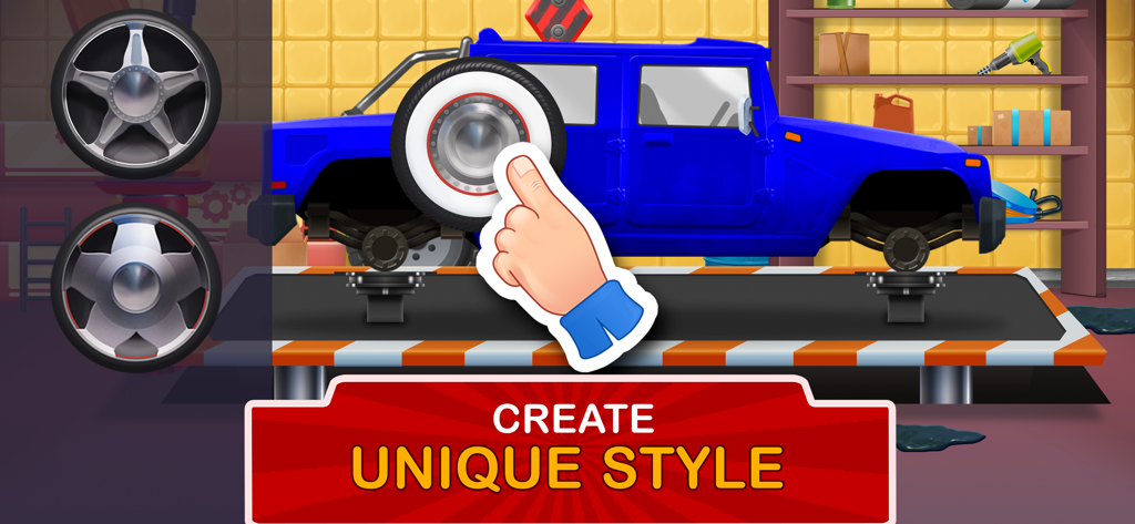 Kids Garage: Toddler car games - A blue off road vehicle in a workshop being customized with new wheels in a toddler car game