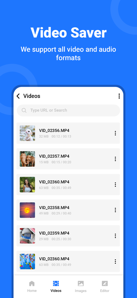 Interface of the All Video Saver app displaying a list of downloaded MP4 videos with thumbnails and file details.