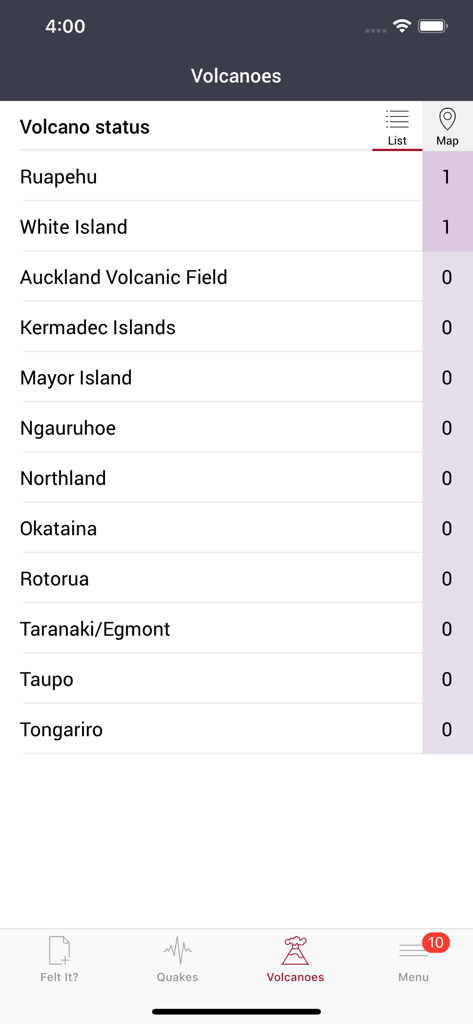 GeoNet Quake app screen showing New Zealand volcano alert levels