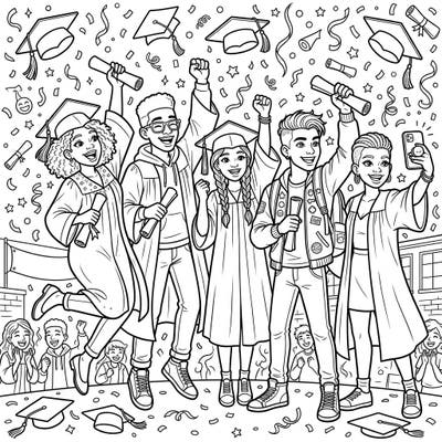 Capture the excitement of achievement with this dynamic coloring page featuring a diverse group of teenage graduates. It’s the perfect way for teens to celebrate milestones and get creative.