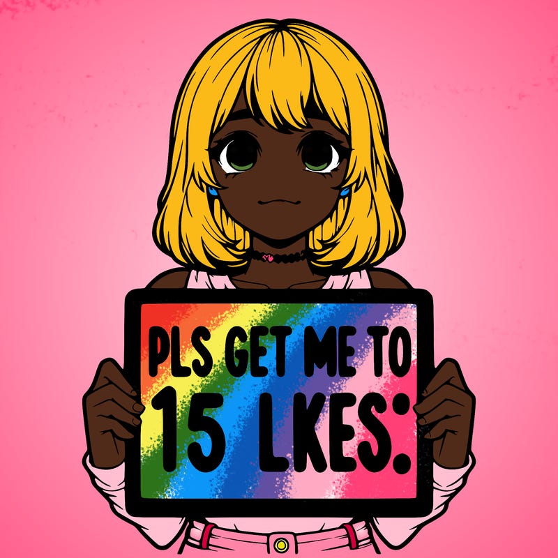 realistic girl holding up a sign that says “pls get me to 15 likes!”