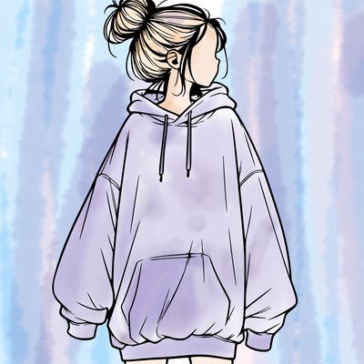 realistic girl with a oversized sweatshirt on and a bun