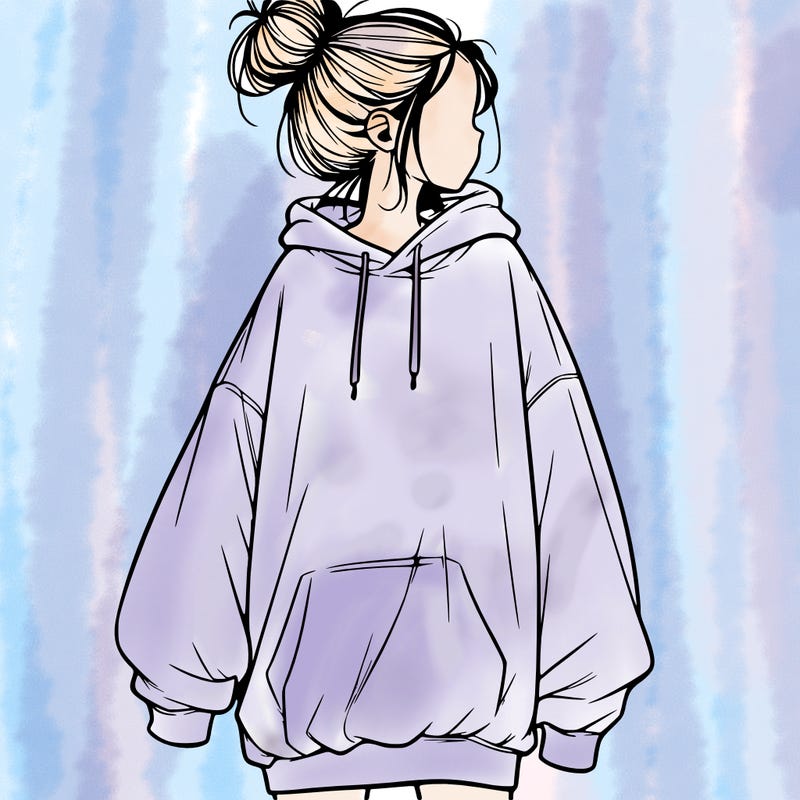 realistic girl with a oversized sweatshirt on and a bun