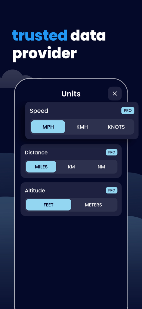 FlightRadar Pro: Track Flights - FlightRadar Proアプリの速度、距離、高度の測定単位設定