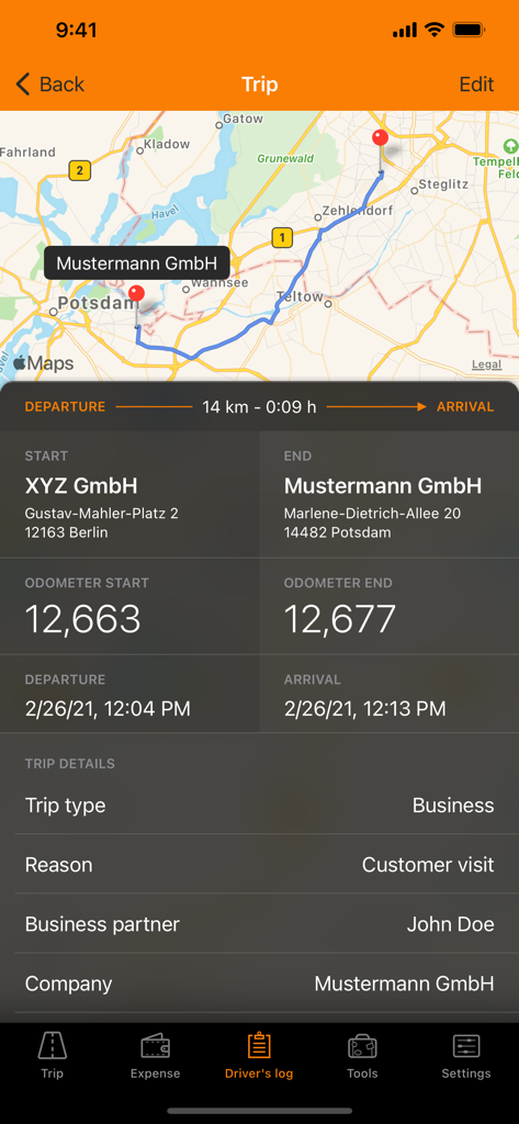 Driverslog Pro 2 interface displaying a detailed business trip log with a map, distance, and odometer readings for tax compliance.
