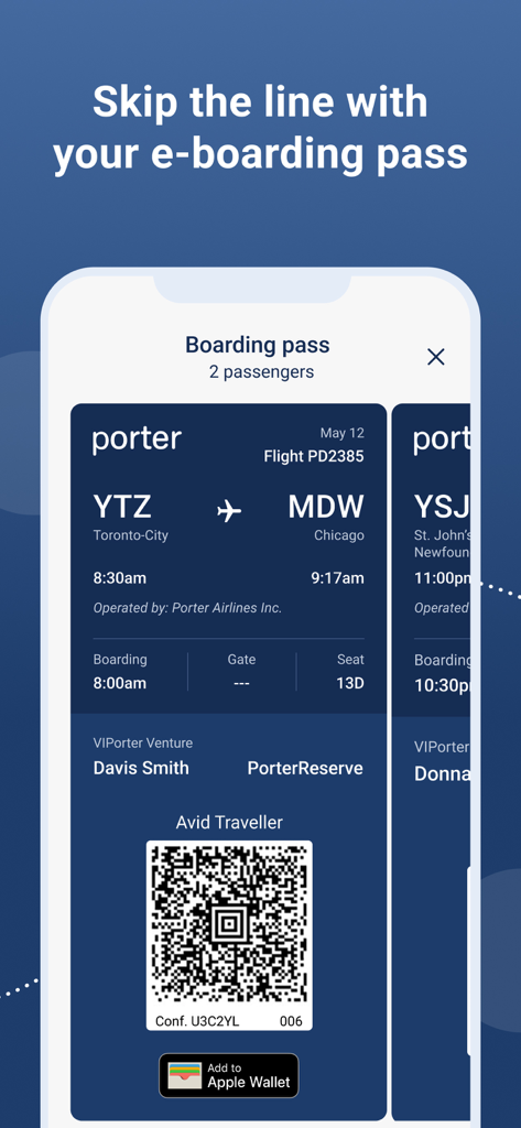 Porter Airlines - Digitale Bordkarte in der Porter Airlines App mit Flugdetails und QR-Code