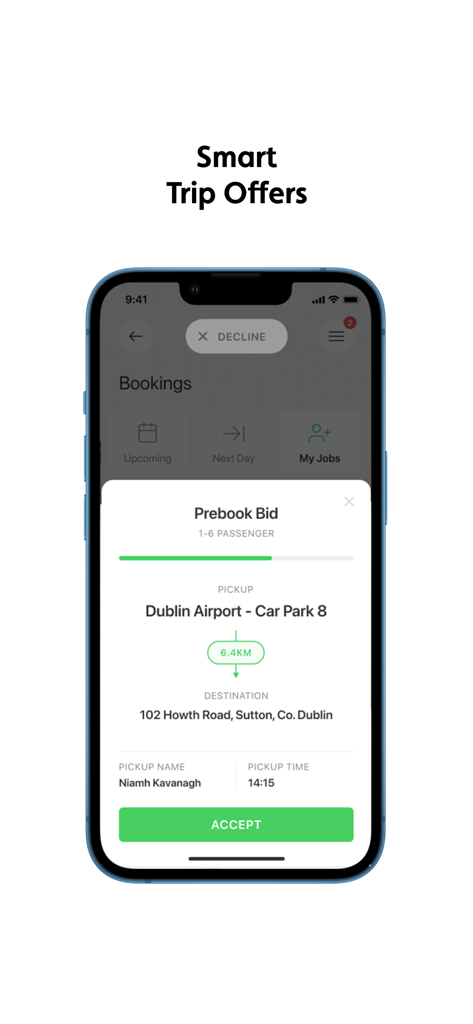 iCabbi Driver App - iCabbi Driver App interface displaying a smart trip offer with booking details and a green accept button