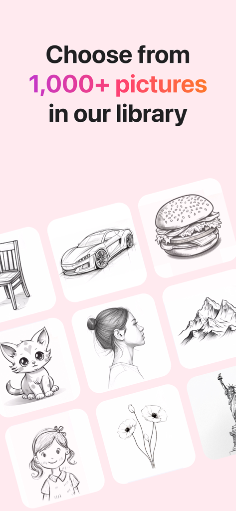 AR Drawing: Sketch & Paint - A library of over 1000 drawing templates including a car, cat, burger, and portraits