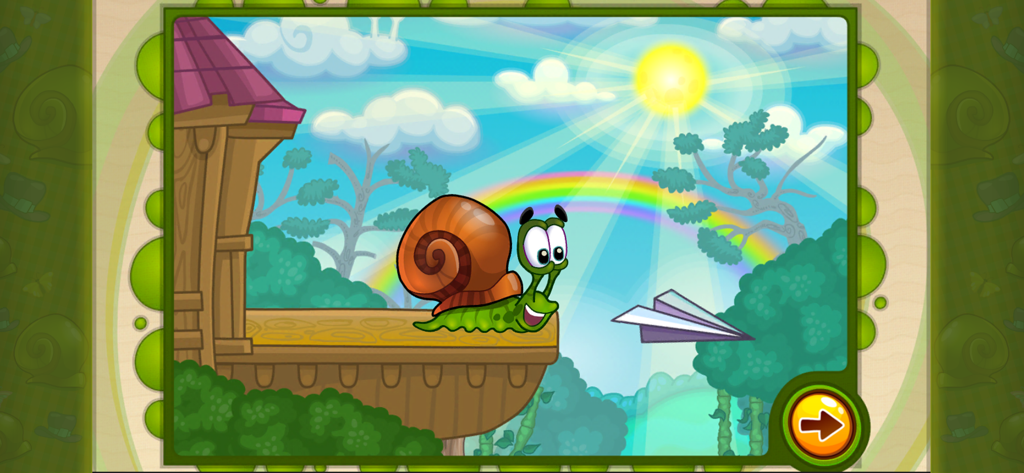 Snail Bob 2: Platform Games 2d - Snail Bob character standing on a wooden platform in a bright sunny level with a rainbow and paper airplane.
