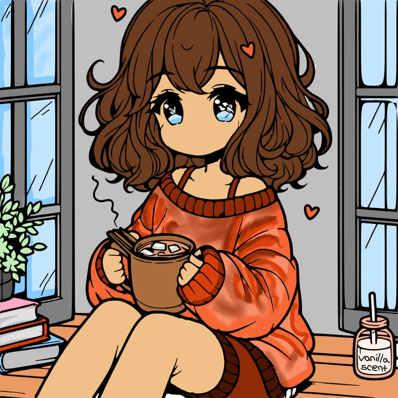 cute anime girl reading book and drinking hot chocolate from mug with loose wavy hair wearing a baggy sweatshirt and shorts sitting by windowsill looking out