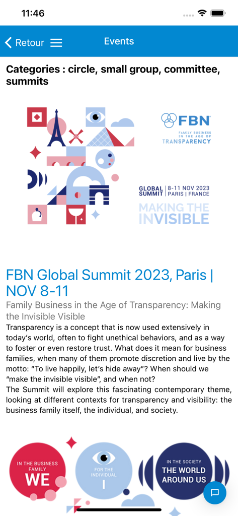 FBN Connect - FBN Global Summit event details page within the FBN Connect mobile application.