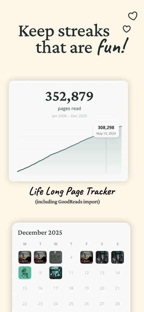 Reading Journey: Book Tracker - Un gráfico visual de páginas totales leídas y un calendario mensual que muestra el progreso de los libros en la app Reading Journey.