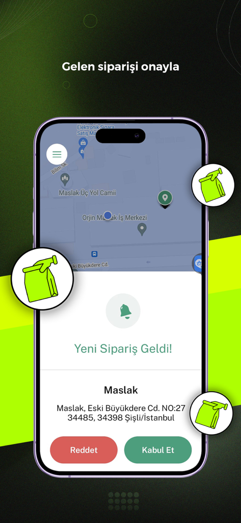 VigoKurye - VigoKurye mobile app interface showing a new delivery order notification with a map and accept or reject buttons.