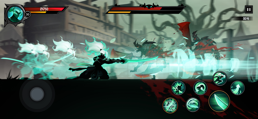A shadow ninja character performing a fast dash attack with a glowing green blade against enemies in a dark fantasy action RPG.