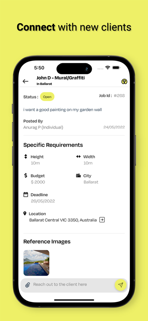 Book An Artist - A mobile app interface displaying a mural commission lead with project requirements like height, width, budget, and location.