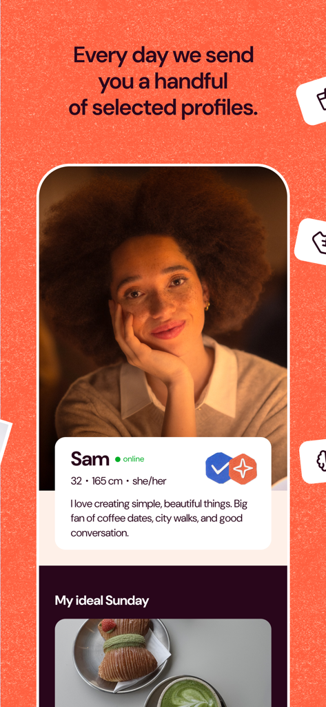 Breeze - No Chat, Just Dates - 毎日選択されたユーザープロフィールを表示するBreezeデーティングアプリのモバイル画面