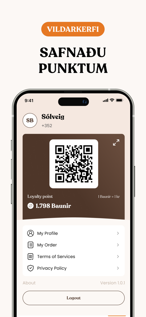 Te and Kaffi mobile app interface showing digital loyalty card with QR code and earned coffee bean points