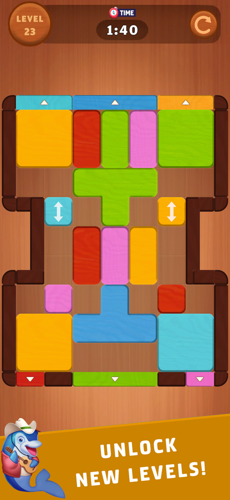 Wood Block Jam Master - Wood Block Jam Master gameplay screen showing colorful sliding wood blocks on a puzzle board.