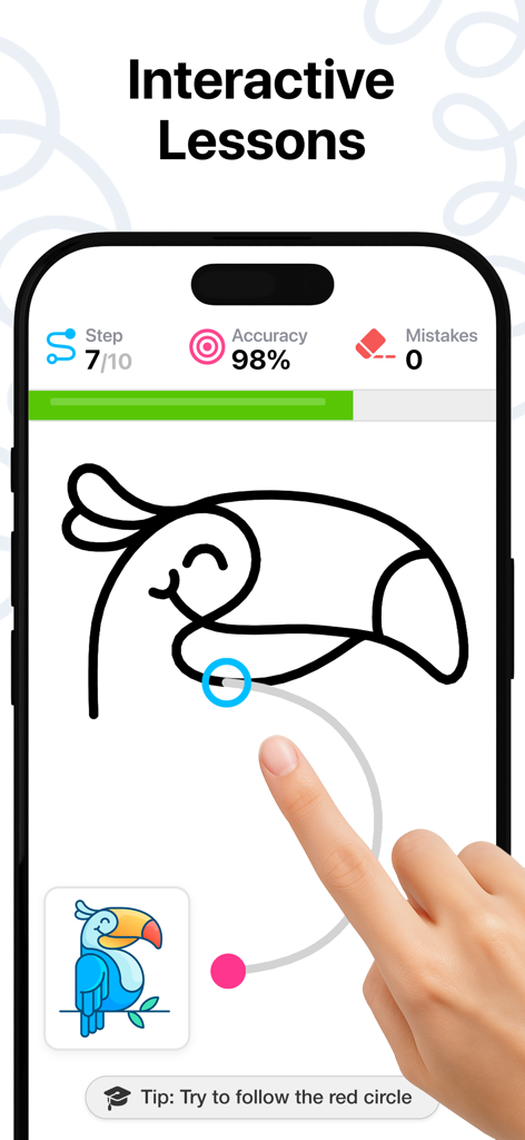 DrawUp - Learn To Draw - A hand tracing a toucan character during an interactive drawing lesson on the DrawUp app with progress and accuracy stats displayed.