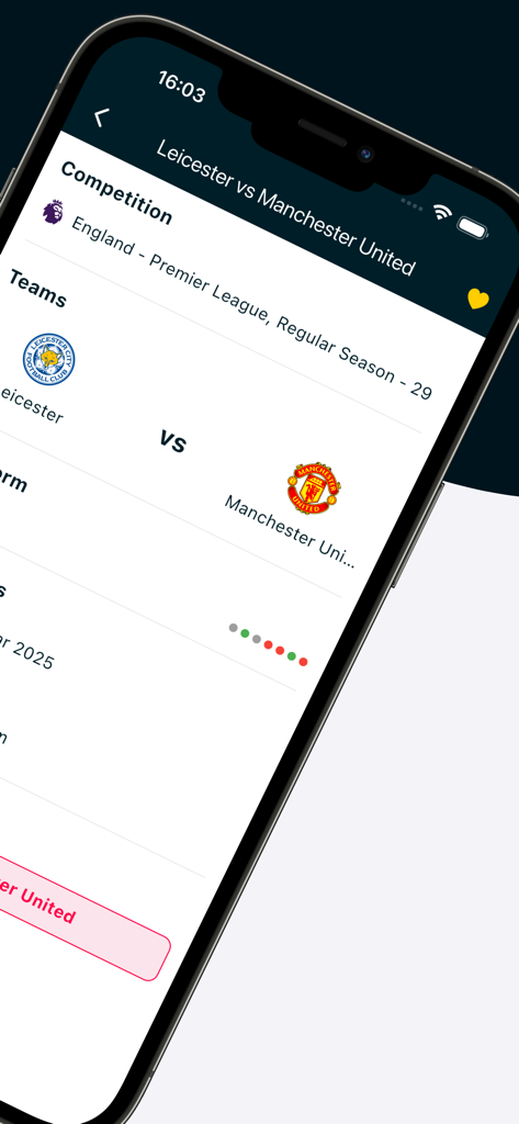 Expert Football Tips - Ein Vorschaufenster für Fußballspiele in der Expert Football Tips App, das Leicester gegen Manchester United in der Premier League zeigt