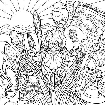 Embrace the warmth of summer with this delightful coloring page featuring brilliant irises amidst a tropical beach setting. From refreshing ice cream to juicy fruits, it captures the essence of a perfect sunny getaway.
